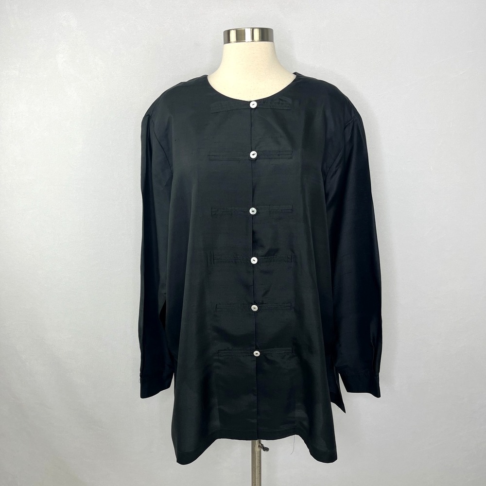 Anne Carson Silk Blouse Black Mandarin Asian 3X Minimalist Quiet Luxury Vintage